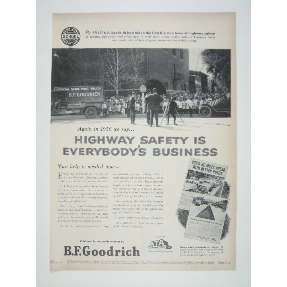 BF Goodrich 1956 Tires and Highway Safety Print Ad Automobile Cars